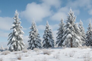Snow-covered evergreen trees stand tall against a clear blue sky in a serene winter landscape.