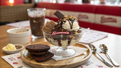 Naklejka premium Swensen's Ice Cream Sundae with Brownies, Waffles, and Chocolate Sauce