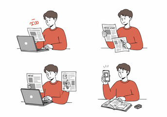 Modern Man Consuming Information from Diverse Sources: Newspapers, Laptops, Smartphones, and Books in a Dynamic Media Landscape.