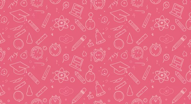 A pink seamless pattern with hand-drawn school icons.


