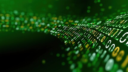 binary code flowing through digital landscape. futuristic representation of data transfer and technology. eye-catching green and yellow digital wave for innovation themes