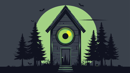 Surreal Forest Cabin: Glowing Eye Window in a Mysterious Woods