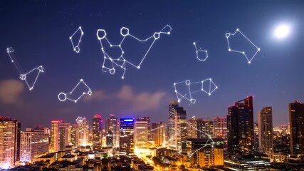 Night cityscape with glowing interconnected shapes - Powered by Adobe