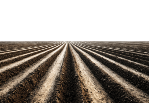 Dark, even rows of plowed field stretch to horizon