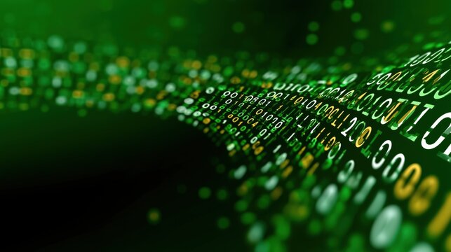 binary code flowing through digital landscape. futuristic representation of data transfer and technology. eye-catching green and yellow digital wave for innovation themes - Powered by Adobe
