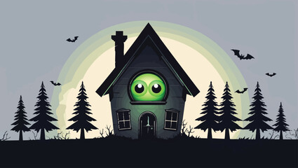 Surreal Forest Cabin: Glowing Eye Window in a Mysterious Woods