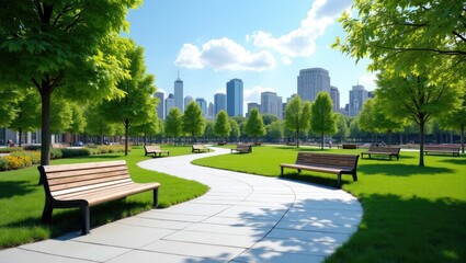 Naklejka premium Lush parkland with city skyline backdrop.