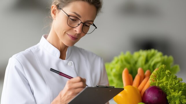 chef writing recipe in kitchen wearing glasses and white coat near fresh vegetables. professional culinary planning concept with carrots, peppers, lettuce, and onions.