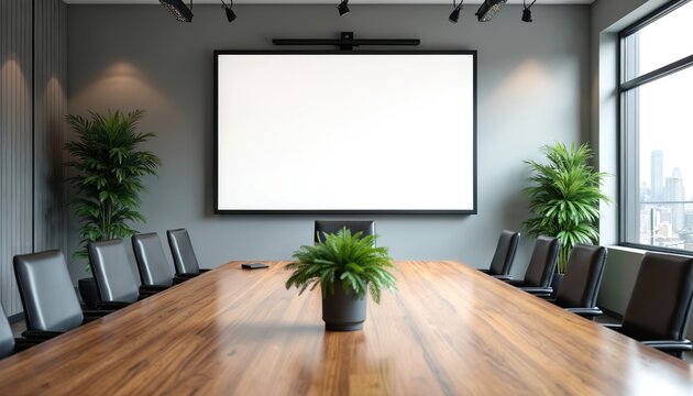 Modern conference room features large empty whiteboard screen ideal for presentations. Sleek black chairs surround polished wooden table. Two rich green plants flank screen, adding touch of nature to