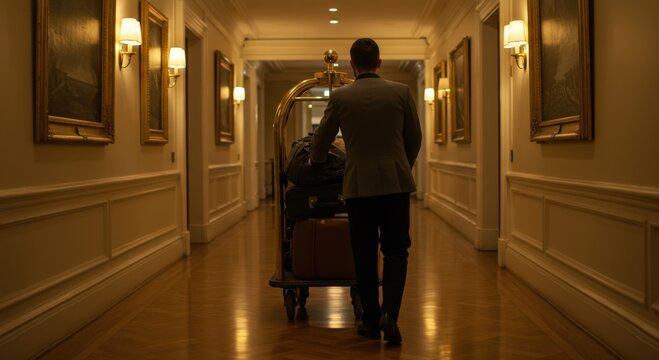 hotel staff navigating luggage cart through luxurious hallway with elegant lighting and classic decor. professional service in upscale accommodation setting evokes seamless hospitality.