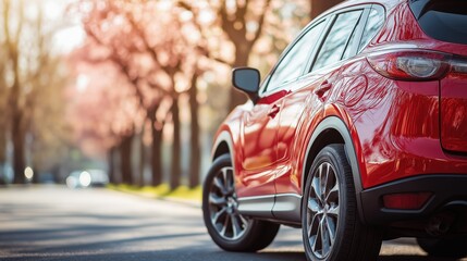 red car parked on tree-lined street in spring. sunlight reflects off sleek surface, enhancing vibrant color. scenic, tranquil urban environment. ideal for travel and automotive themes