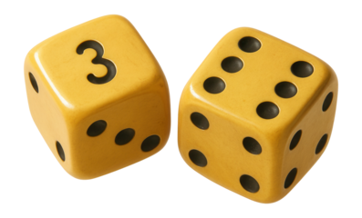 Two vintage yellow dice with black pips showing different numbers.