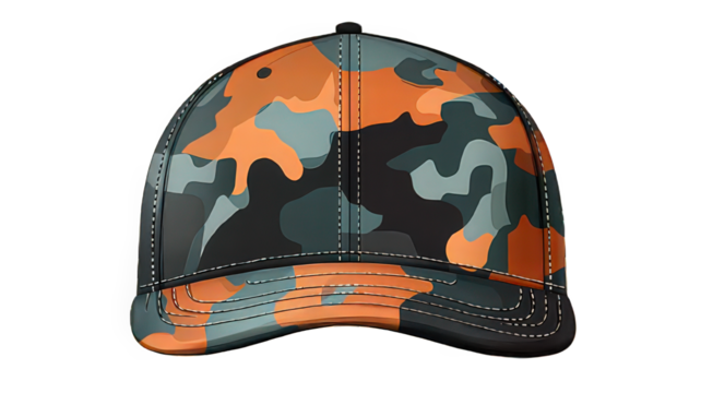 A front view of a baseball cap with an orange gray and white camouflage pattern on a white background