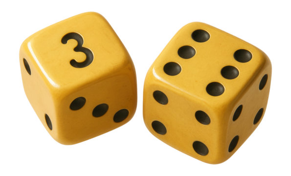 Two vintage yellow dice with black pips showing different numbers.