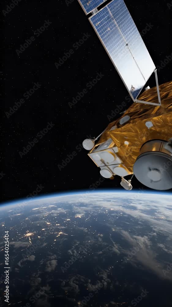 Poster realistic satellite orbiting earth in deep space cgi animation