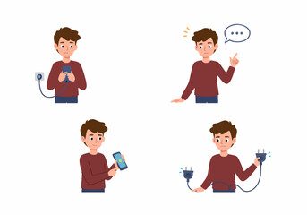 Young Man Troubleshooting Smartphone Charging Problem: An Illustrated Sequence of Frustration to Solution