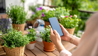 Woman using phone on balcony garden