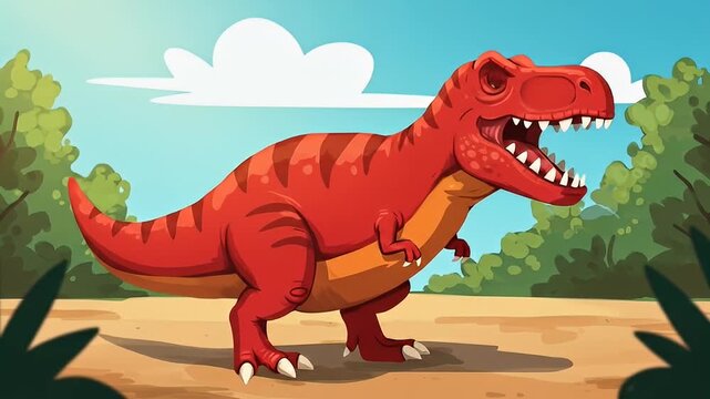 Animated, cartoon T-Rex with red and orange body roaring in a prehistoric landscape