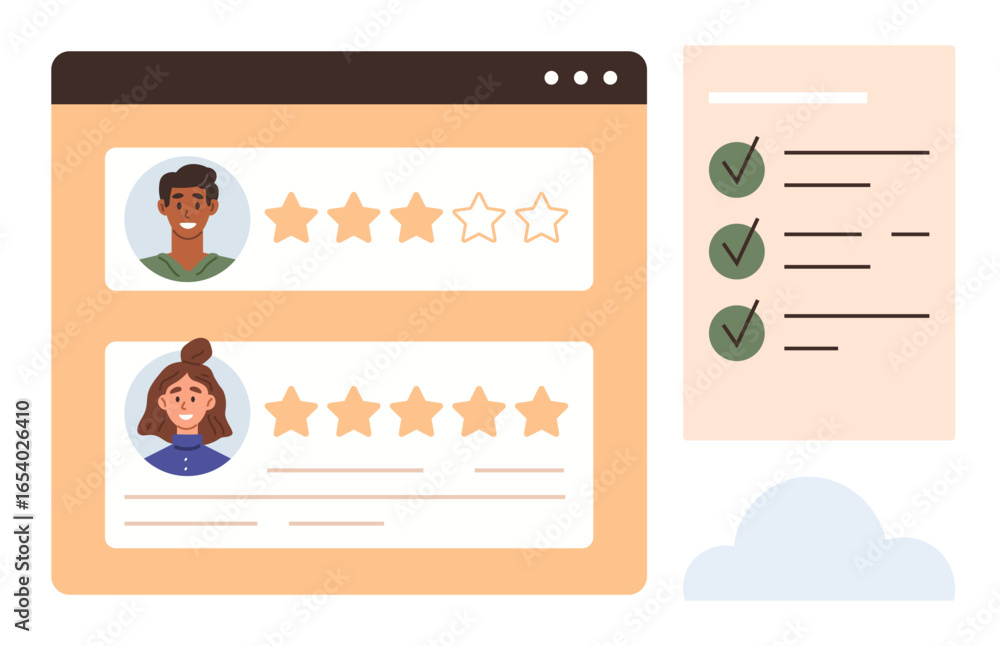 Poster web interface featuring star ratings for users and a checklist for feedback. ideal for reviews, cust