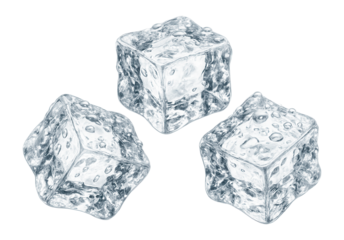 Three melting ice cubes with water droplets on a surface.