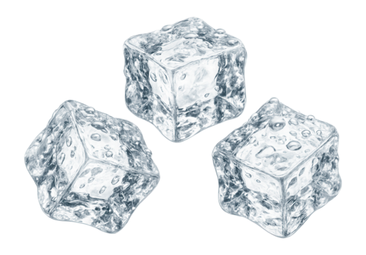 Three melting ice cubes with water droplets on a surface.