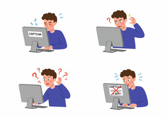 A frustrated man struggles with CAPTCHA verification on his computer, experiencing confusion and annoyance with online security challenges.