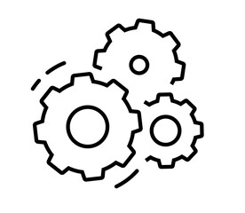 Gear cog wheel system working function icon line stroke outline graphic vector, cogwheel mechanism automation pictogram sign symbol linear thin outline, industry engineering production