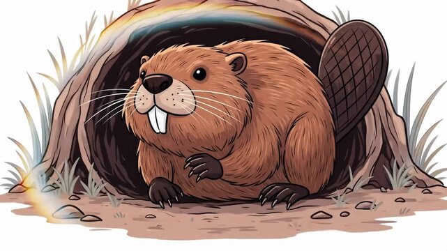 Cartoon beaver sits outside den, rendered in stylized vector art with light streaks