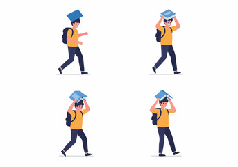 Young student walking with a book on his head, using it as a makeshift umbrella or hat, representing learning and protection.