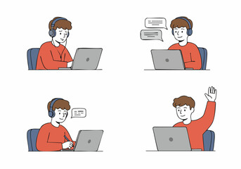Illustrations of a person engaging in various online activities, including listening, chatting, working, and participating on a laptop.