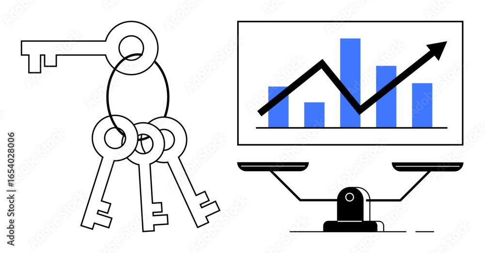 Poster cluster of keys beside balanced scale and monitor displaying upward trend on bar graph. ideal for an