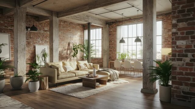 An open-plan loft apartment, featuring exposed brick walls, large windows, and a mix of modern and rustic elements