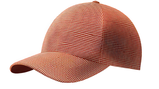 A red and white checkered baseball cap on a white background in a studio shot with good lighting