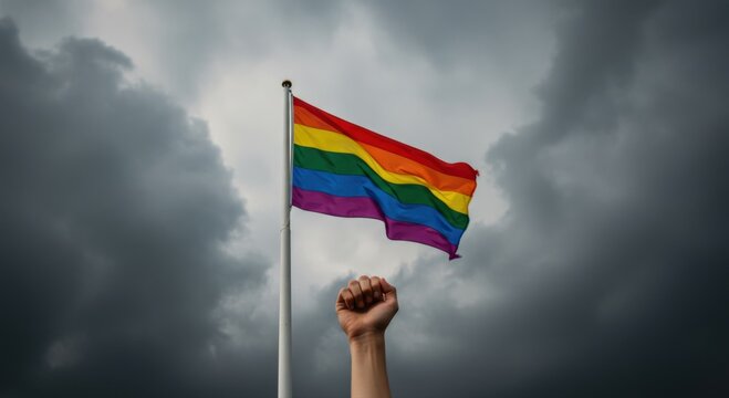 rainbow flag in stormy sky symbolizes lgbtq+ pride and resilience with fist raised in empowerment. embracing diversity under dark clouds, highlighting struggle and unity in challenging times