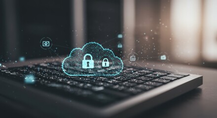 cloud security concept with digital cloud icon and padlock on computer keyboard, representing data protection, cybersecurity, and secure online storage in modern technology landscape
