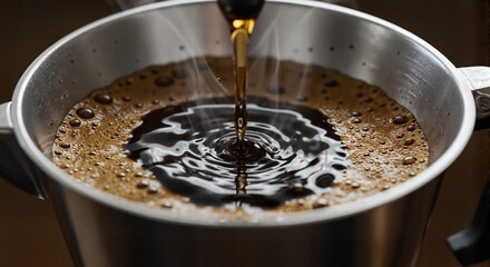  a close-up of coffee brewing in a stainless steel pot with steam rising gently  