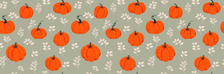 Seamless vector pattern of hand-drawn orange pumpkins with dark stems and soft beige leaves on a muted green background. Template for autumn, harvest, and Thanksgiving designs
