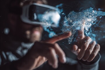 Person wearing VR headset interacts with a holographic world map