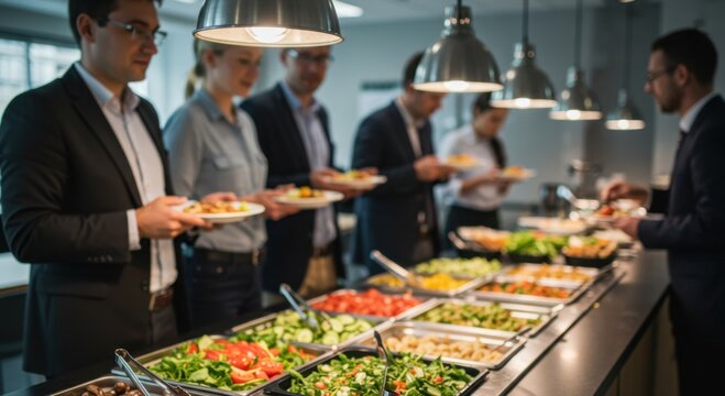 corporate lunch buffet spread with colleagues serving themselves fresh salads and entrees. business casual attire, diverse selection, networking opportunity, modern dining experience