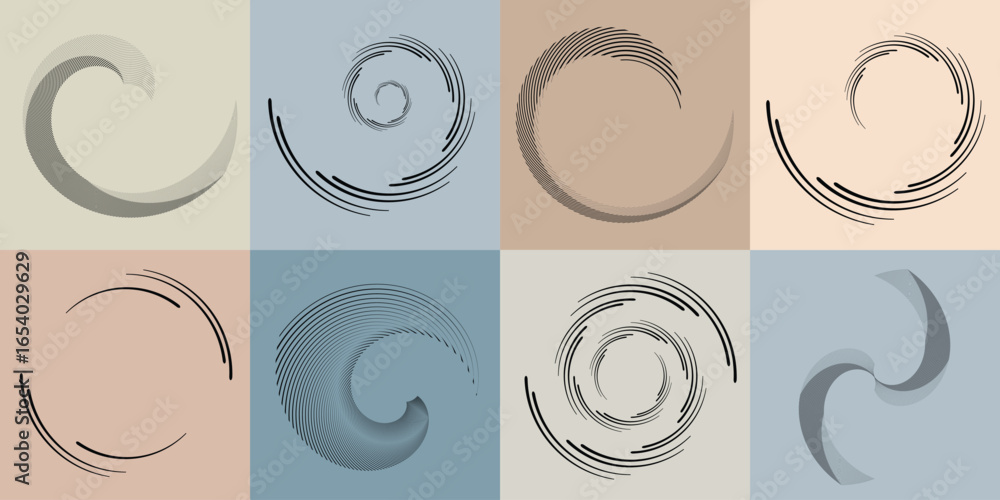 Poster lines and spirals in circle form .rotate rounded shape vector .rotating dots form a circle .rotating