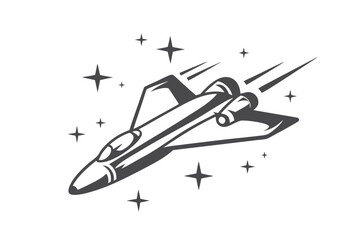 Spacecraft Flying with Stars Vector, Silhouette Spaceship on White Background