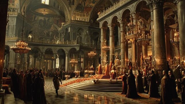 Cinematic scene inside the Byzantine imperial palace, towering marble columns casting long shadows, golden thrones gleaming under torchlight, nobles and courtiers whispering in tension, stormy