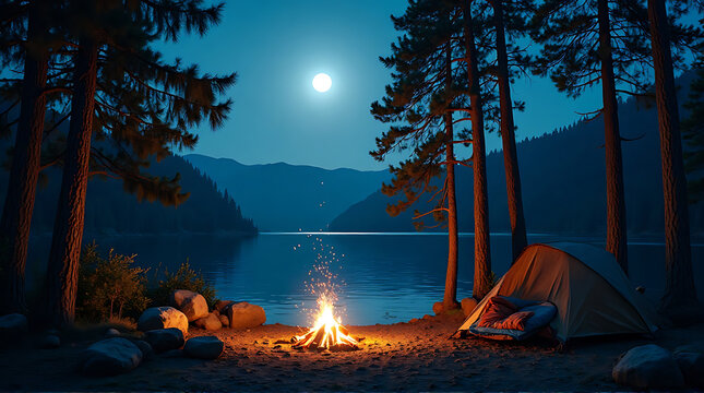 Moonlit campsite by tranquil lake with campfire glow under starry skies