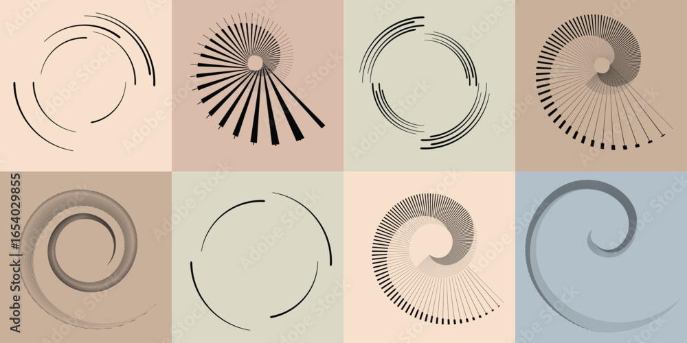 Poster lines and spirals in circle form .rotate rounded shape vector .rotating dots form a circle .rotating