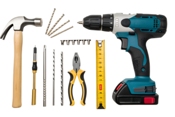  Construction tools levitate on a white background