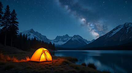 A Glowing Tent Beside a Serene Lake Under the Starry Night Sky Landscape