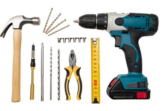  Construction tools levitate on a white background