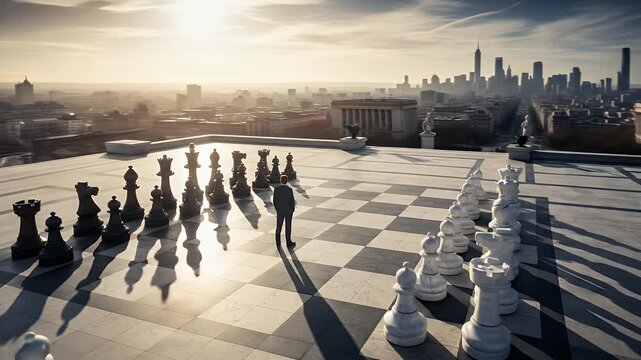 Man on rooftop chess board overlooking city skyline at sunset