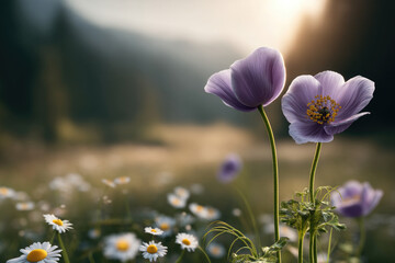 Purple flower wildflower daisy meadow sunlight nature outdoor summer green landscape. Two purple wildflowers and white daisies bloom sunlit meadow