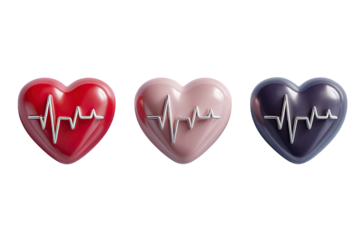 Three stylized hearts, each a different color, display a heartbeat graphic